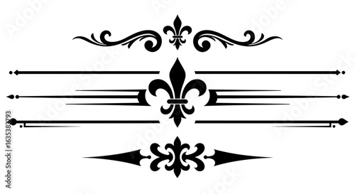 A vector set of royal page dividers and ornaments featuring the classic Fleur-de-lis symbol. Includes elegant line rules and flourishes for vintage, formal, and heraldic designs.