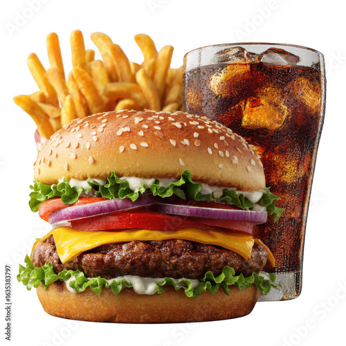 Fast food combo meal with burger, fries, and soda, realistic 3D render, white and transparent background