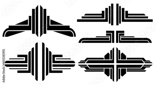 A set of black Art Deco vector ornaments and decorative elements. Inspired by 1920s and 1930s architecture and design, featuring geometric, symmetrical, and streamlined shapes.