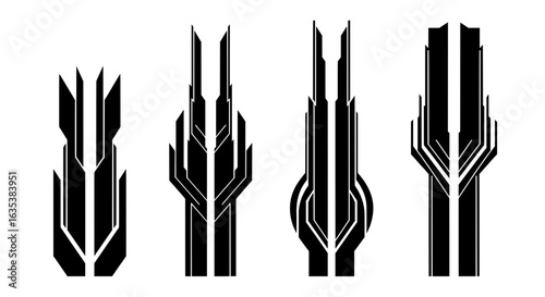 A collection of four futuristic black vertical graphics. These symmetrical, geometric tech designs are perfect for car racing stripes, vehicle decals, vinyl stickers, and sci-fi logos.