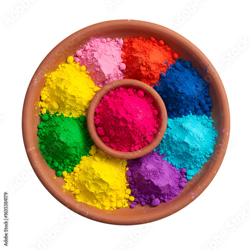 Colorful Holi Powder Display in Earthen Bowls Isolated on Transparent Background