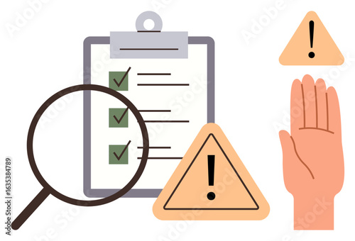Checklist with green check marks on clipboard, magnifying glass, hand symbol, and warning sign. Ideal for safety, inspection, attention, compliance evaluation caution prevention. Clean simple