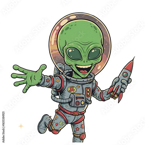 Cartoon Alien Astronaut with Rocket Illustration on Transparent Background
