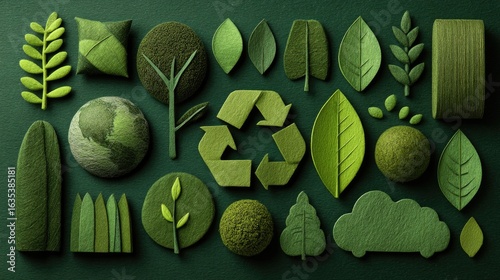 Fototapeta Naklejka Na Ścianę i Meble -  Green environmental icons on dark green background