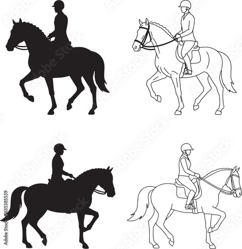 Equestrian dressage horse and rider silhouette and line art illustration set