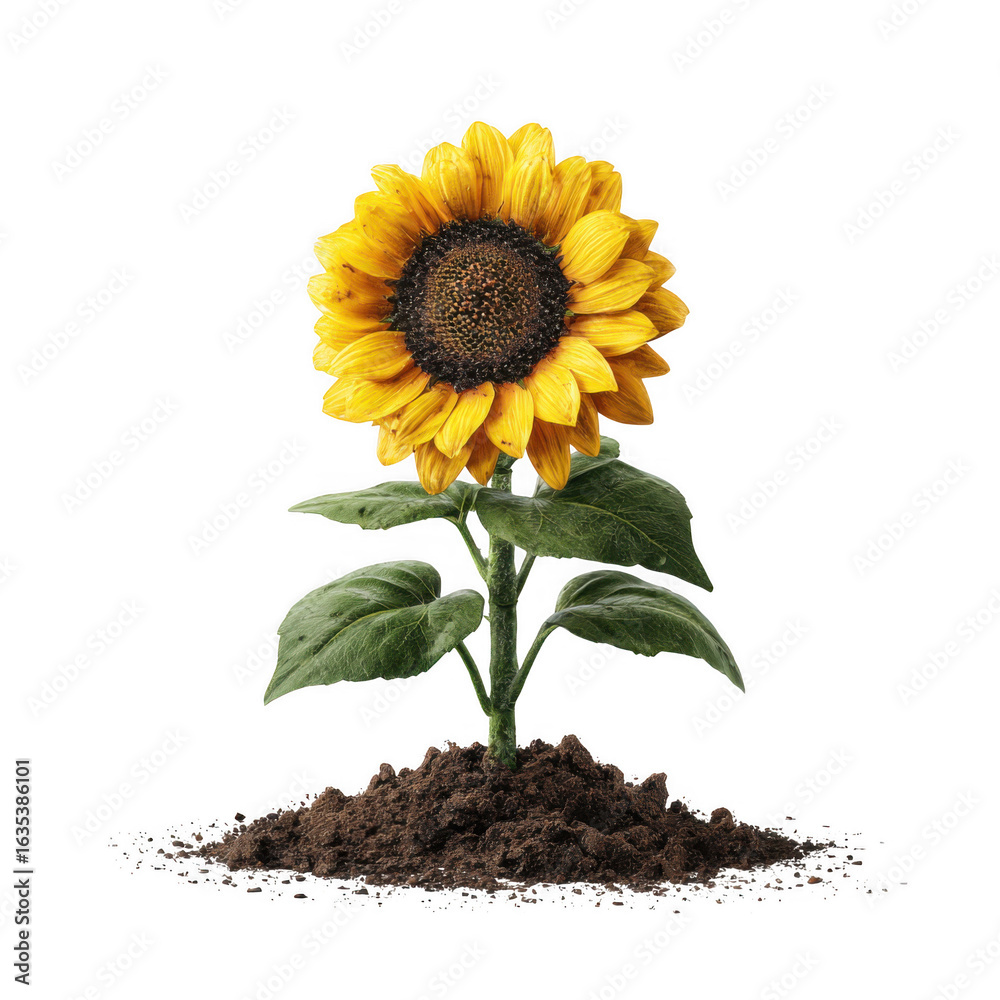 Obraz premium Realistic Sunflower Growing from Soil Flat Lay Isolated on white and transparent background
