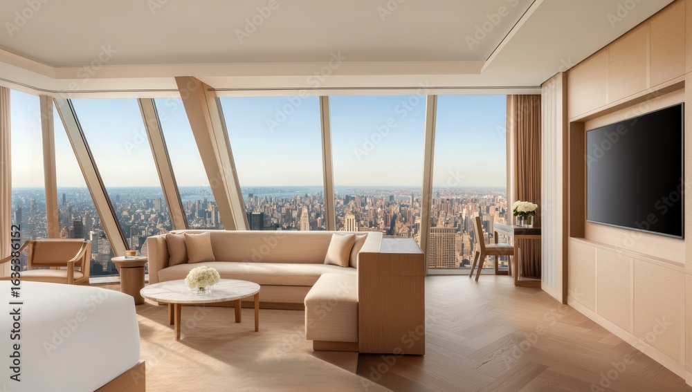 Fototapeta premium Modern Luxury Suite with Stunning City View in High-Rise Building
