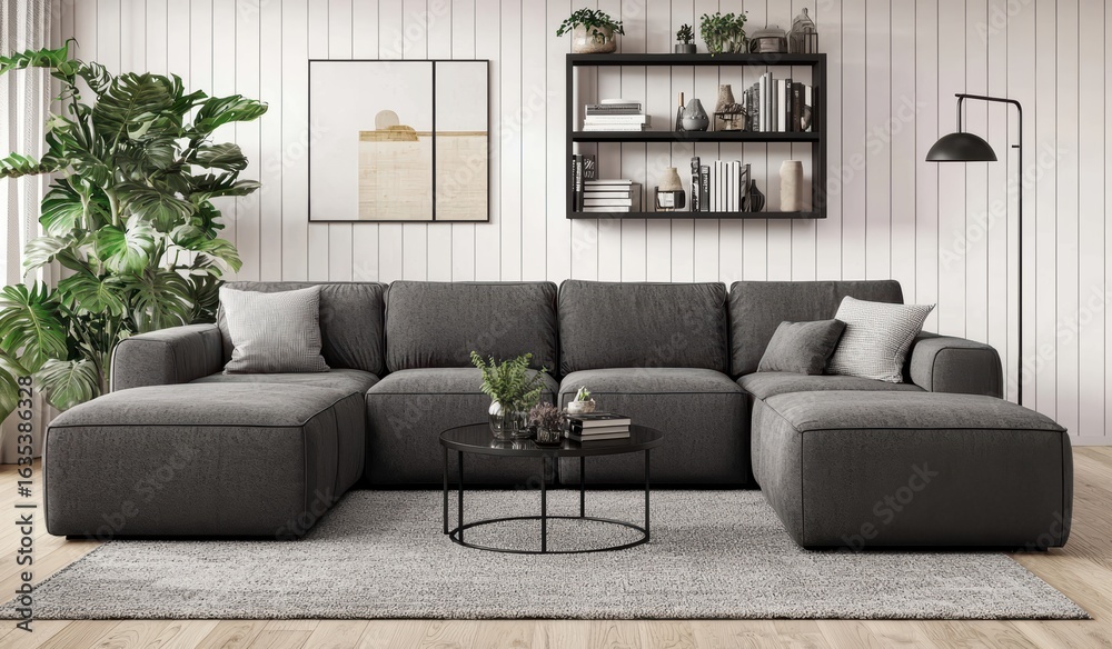 Fototapeta premium Modern Living Room with Gray Sofa and Stylish Decor Elements
