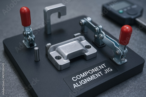 Component alignment jig with red handles used in manufacturing processes for quality control in precise assembly and inspection tasks