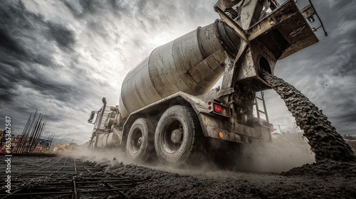 Concrete pouring truck at construction site, stormy sky