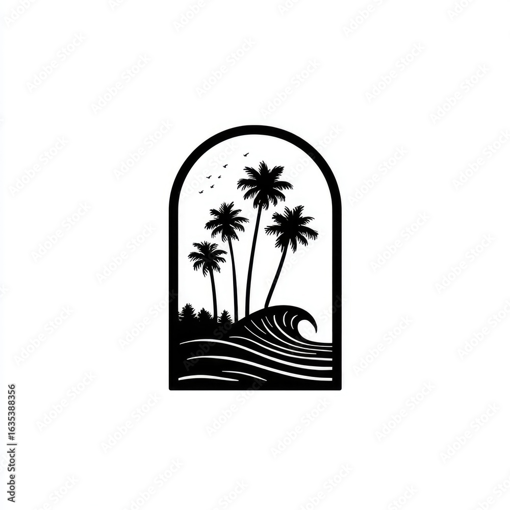 Obraz premium Black and white graphic of palm trees, ocean wave, and arch