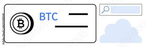 Bitcoin wallet icon, search bar, cloud for cryptocurrency interface. Ideal for fintech, blockchain, trading, technology, cryptocurrency, finance simple landing page