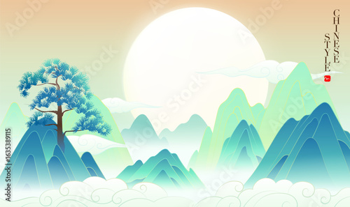 Horizontal version of Chinese wind landscape illustration of a full moon in the mountains