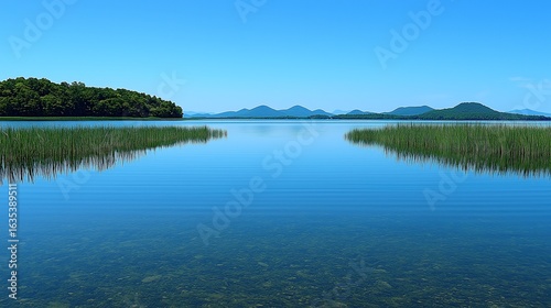 Clear lake scenery, green trees, reeds and distant mountain reflections