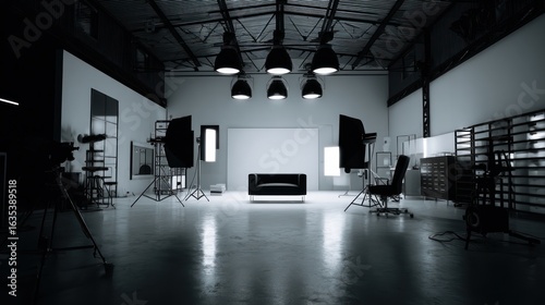 Wide shot of a stark industrial studio space with spotlights and furniture setup