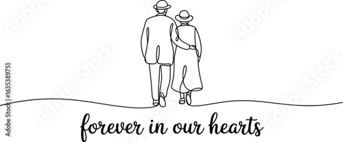 Minimalist Line Art of an Elderly Couple Walking Together with the Phrase Forever in Our Hearts