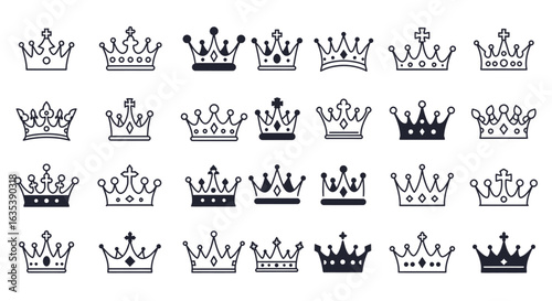 A diverse set of black and white royal crown icons, illustrating various designs for monarchy, nobility, and power.