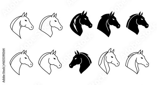 A set of ten horse head icons presented in black outline and solid silhouette styles for logos or design elements.
