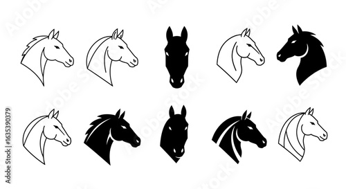 A collection of ten graphic horse head icons in black and white, featuring outlines, silhouettes, and various profile views.