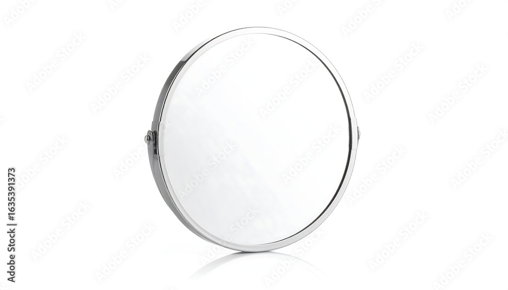 Fototapeta premium Circular mirror with a silver metal frame, showing a slight reflection