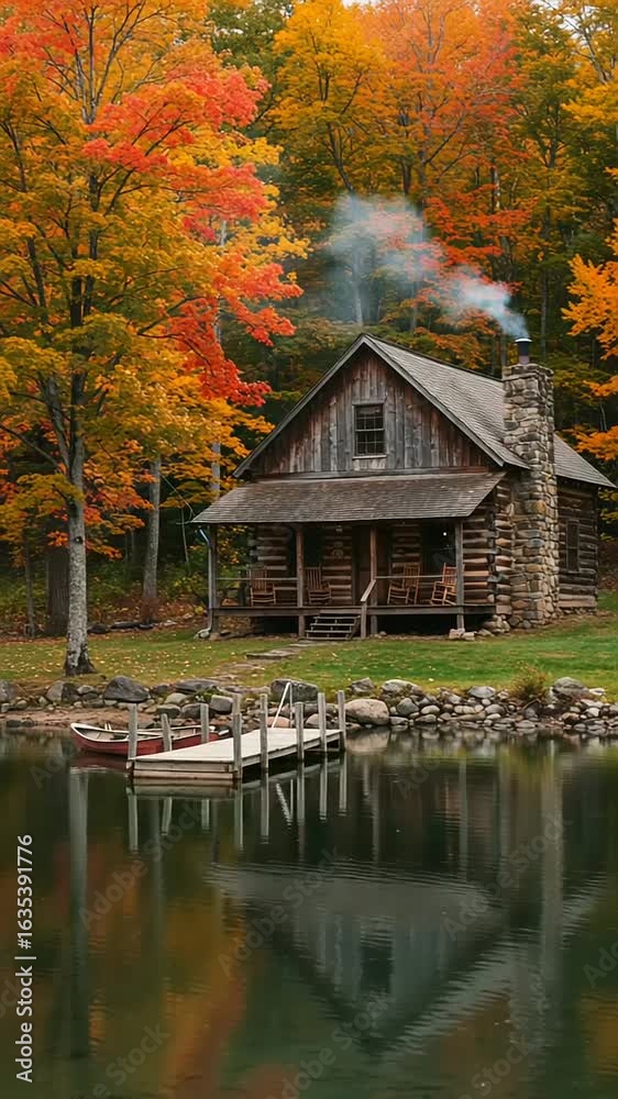 Cozy cabin by a serene lake surrounded by autumn trees Cozy cabin by a serene lake surrounded by autumn trees