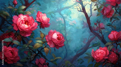 Vibrant Pink Roses in a Dreamy Forest Landscape with Soft Light