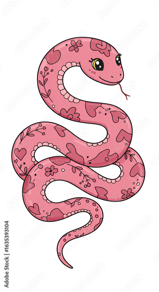 Fototapeta premium Cute Pixel Art Illustration Of Pink Snake On Black Isolated Background