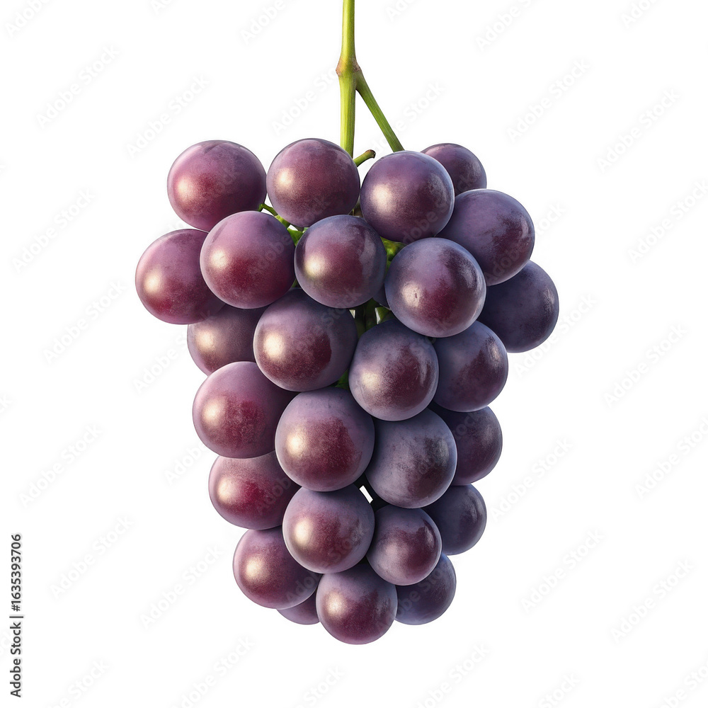 Fototapeta premium A ripe bunch of deep red grapes hanging from a thin stem isolated on transparent background