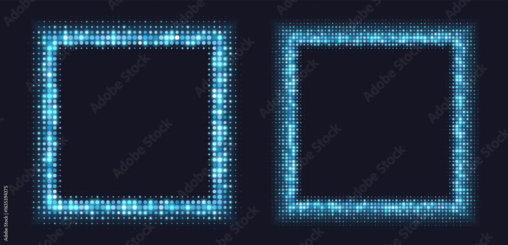 Obraz premium Blue halftone frames, glowing square borders, pattern with dots, radial disco luxury design element. Vector illustration.