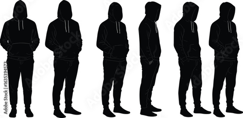 Silhouette of man in hoodie from multiple angles, anonymous figure, urban streetwear fashion, casual style, mystery person, hands in pockets, crime suspect concept.

Art & Illustration