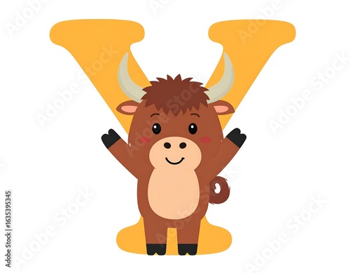 Cute cartoon bull in letter Y