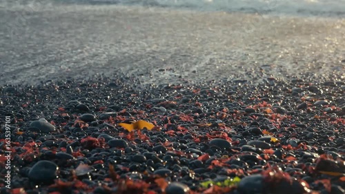 A close up video of waves washing onto a stony shore