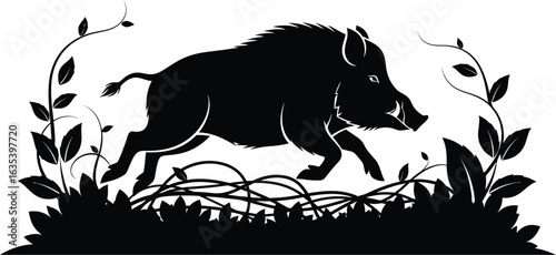 Silhouette of a wild boar running through the undergrowth, showcasing its tusks and bristles in a vintage style