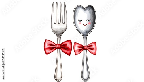 Cute cartoon silverware with heart-shaped spoon and red bows