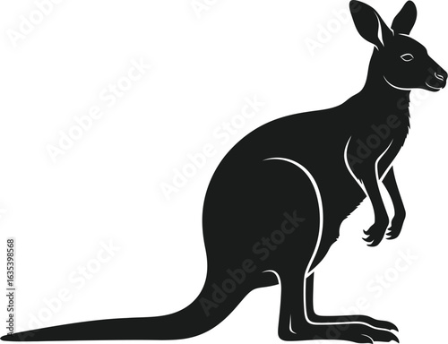 A black silhouette of a kangaroo standing upright, showcasing its iconic shape, long tail, and powerful legs 