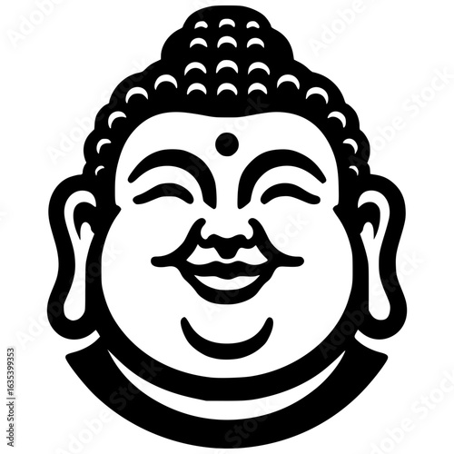 Smiling Buddha: The serene visage of the Buddha, rendered in striking monochrome, radiates inner peace and contentment. A symbol of enlightenment and tranquility.