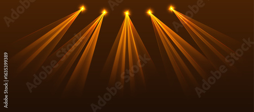 Orange lasers background., glowing rays or neon beams on the stage, bright futuristic backdrop. Concert or nightclub spotlights. Vector illustration.