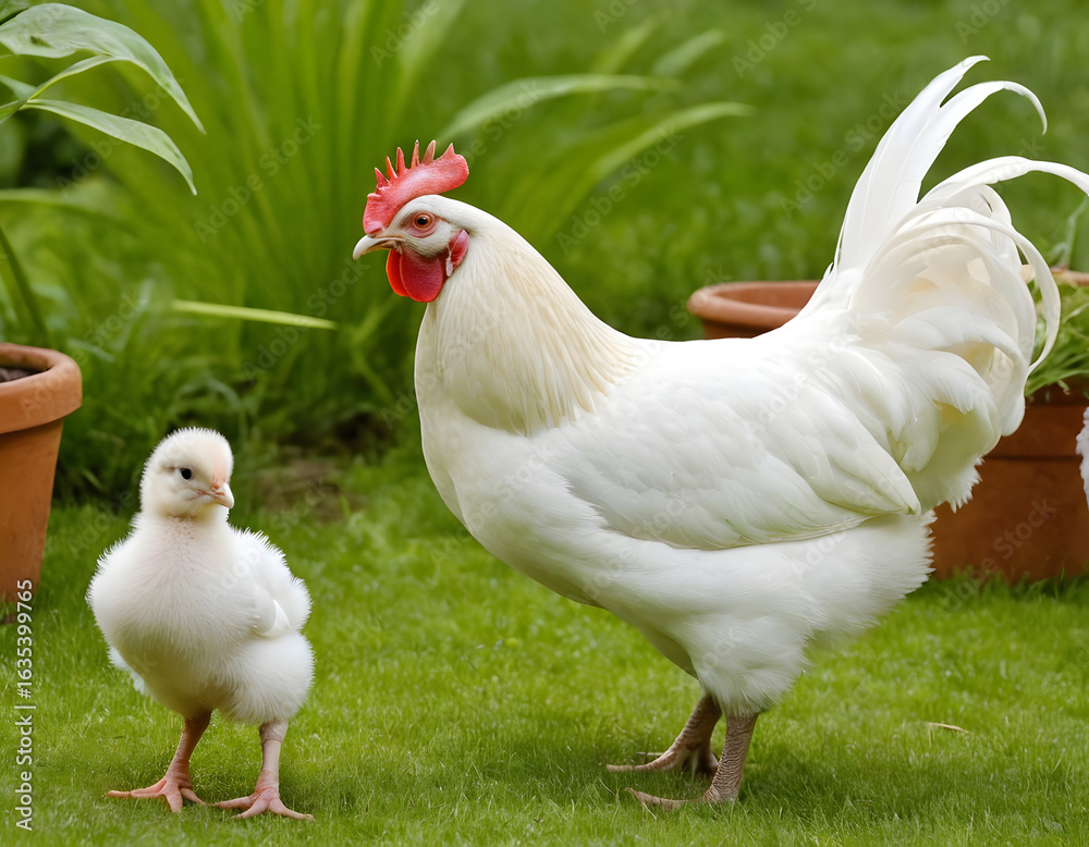 Fototapeta premium rooster and hen in the farm, A mottled rooster and a hen in the farm yard. Winter. Close-up view with Copy space. hen farm yard background, 