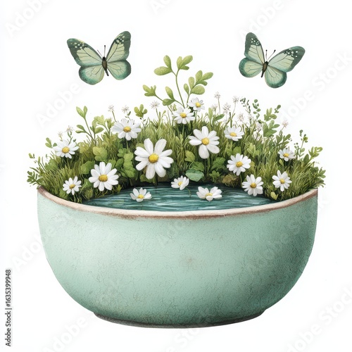 Delicate Butterflies and Floral Garden in Tranquil Bowl Design