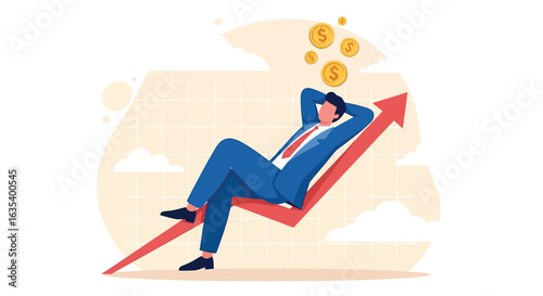 Passive Income and Financial Success. A businessman relaxing on a growing stock market chart with money above his head.

