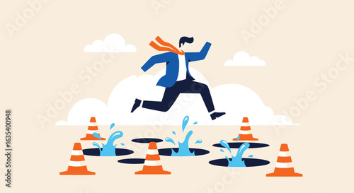 Navigating Business Challenges and Obstacles. A businessman jumping over dangerous potholes.

