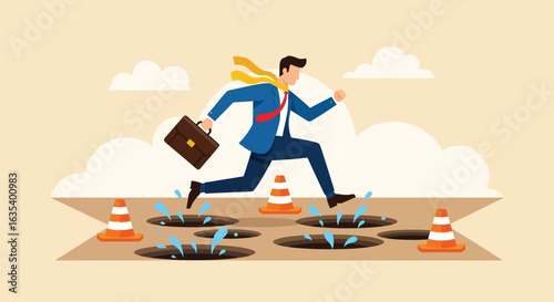 Navigating Business Challenges and Obstacles. A businessman jumping over dangerous potholes.

