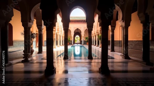 Serene Moroccan Courtyard with Reflecting Pool Architecture  Travel Scene.