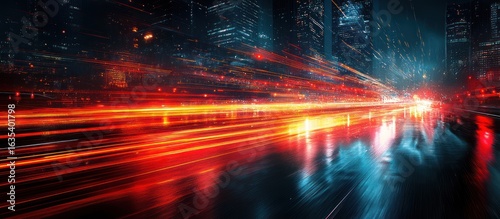 Blurry city lights and traffic trails at night.