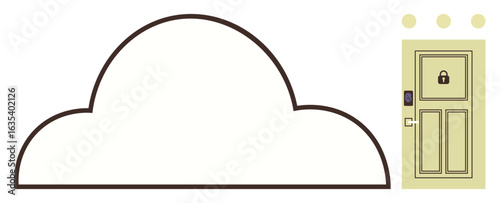 Cloud outline linked to a digital secure door with a lock, access keypad. Ideal for data privacy, cybersecurity, cloud solutions, information safety, access control ideas, online security, simple