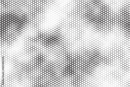 Grunge triangle halftone gradient texture. Faded grit noise background. Sandy gritty wallpaper. Retro pixelated backdrop. Black and white anime or manga comic overlay. Vector illustration.
