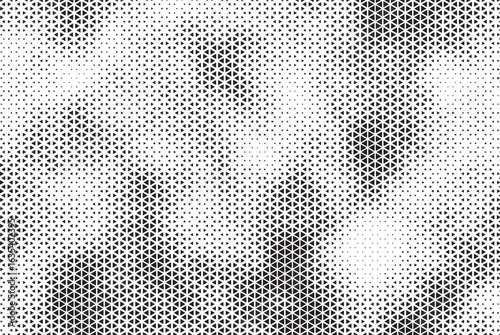 Grunge triangle halftone gradient texture. Faded grit noise background. Sandy gritty wallpaper. Retro pixelated backdrop. Black and white anime or manga comic overlay. Vector illustration.
