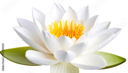 Close-up of a white water lily with yellow center and water droplets, isolated on white