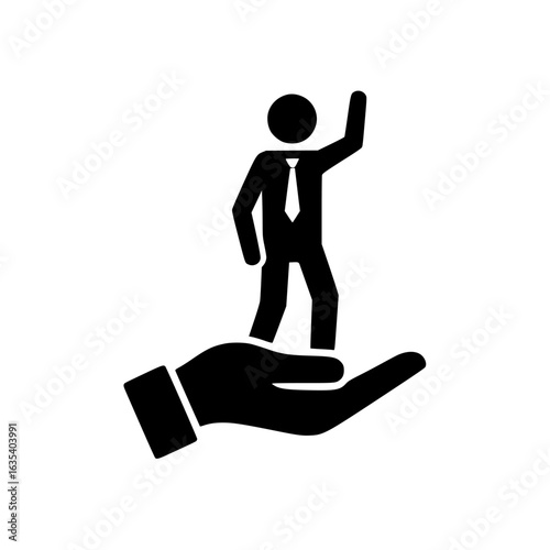 A helping hand supporting a stick figure businessman minimalist icon 