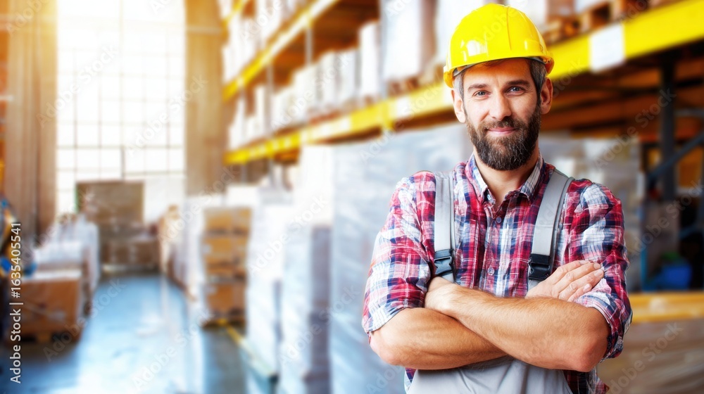 Obraz premium Industrial worker in safety gear, warehouse shelves behind, natural side lighting for warmth.